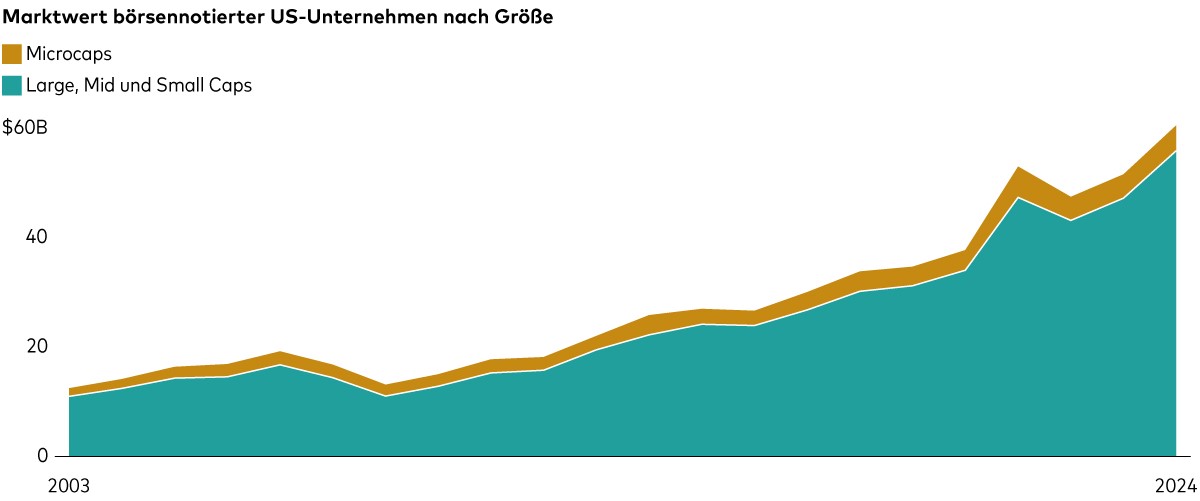 Ein Diagramm zeigt, dass der Marktwert der in den USA börsennotierten Unternehmen zwischen 2003 und 2024 deutlich gestiegen ist.